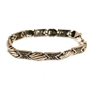 Vintage Sterling Silver Marcasite Bracelet With Geometric & Wave Design 8 Inches